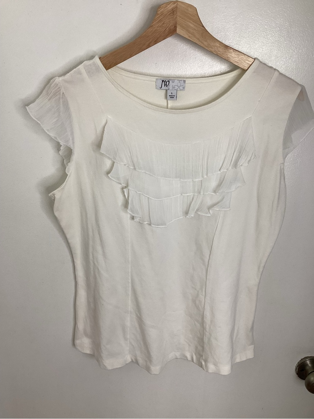Pleated Ruffle Cap-Sleeve Top - White L